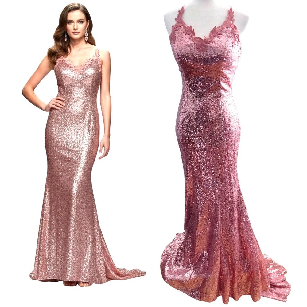 Hebeos Sequin Mermaid Formal Maxi Evening Dress Wmn's Sz 6 Pink Strappy V Neck